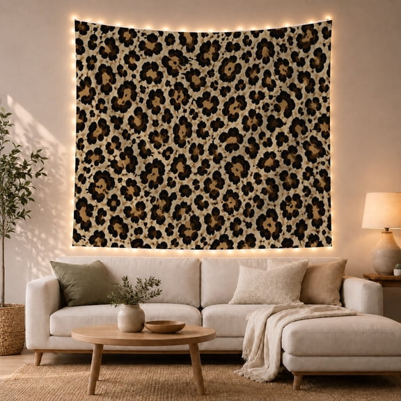 Seamless Leopard Rosettes on Warm Tan Sandy Background, Cozy Vintage for Animal Print Lovers, Natural Spotted Wall Art Decor, Birthday Gift, Tapestry Wall Hanging for Bedroom and Living Room