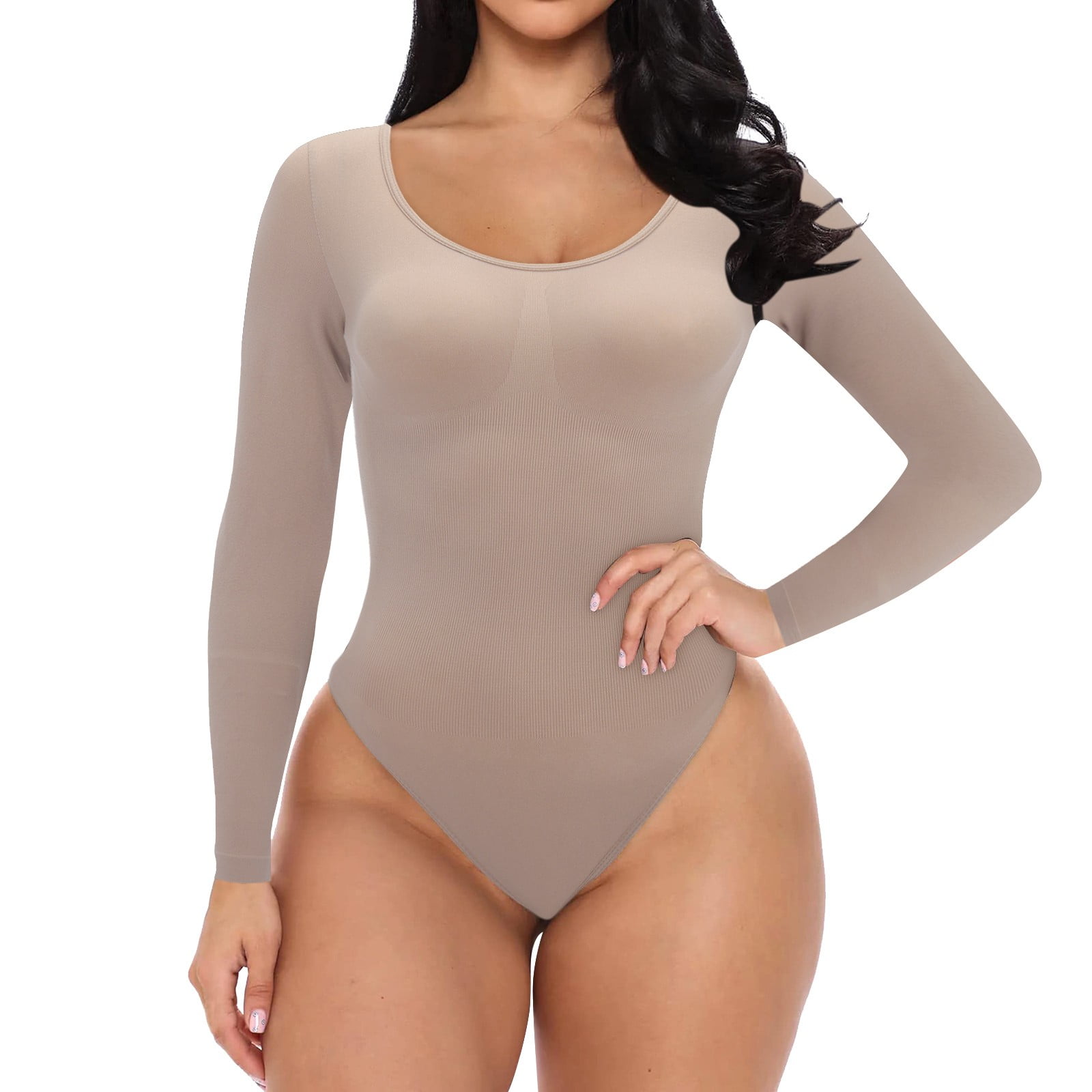Thong Bodysuit for Women Tummy Control Shapewear, Long Sleeve Crew Neck  Basic Tops T Shirt Bodysuit (Color : White, Size : Small)
