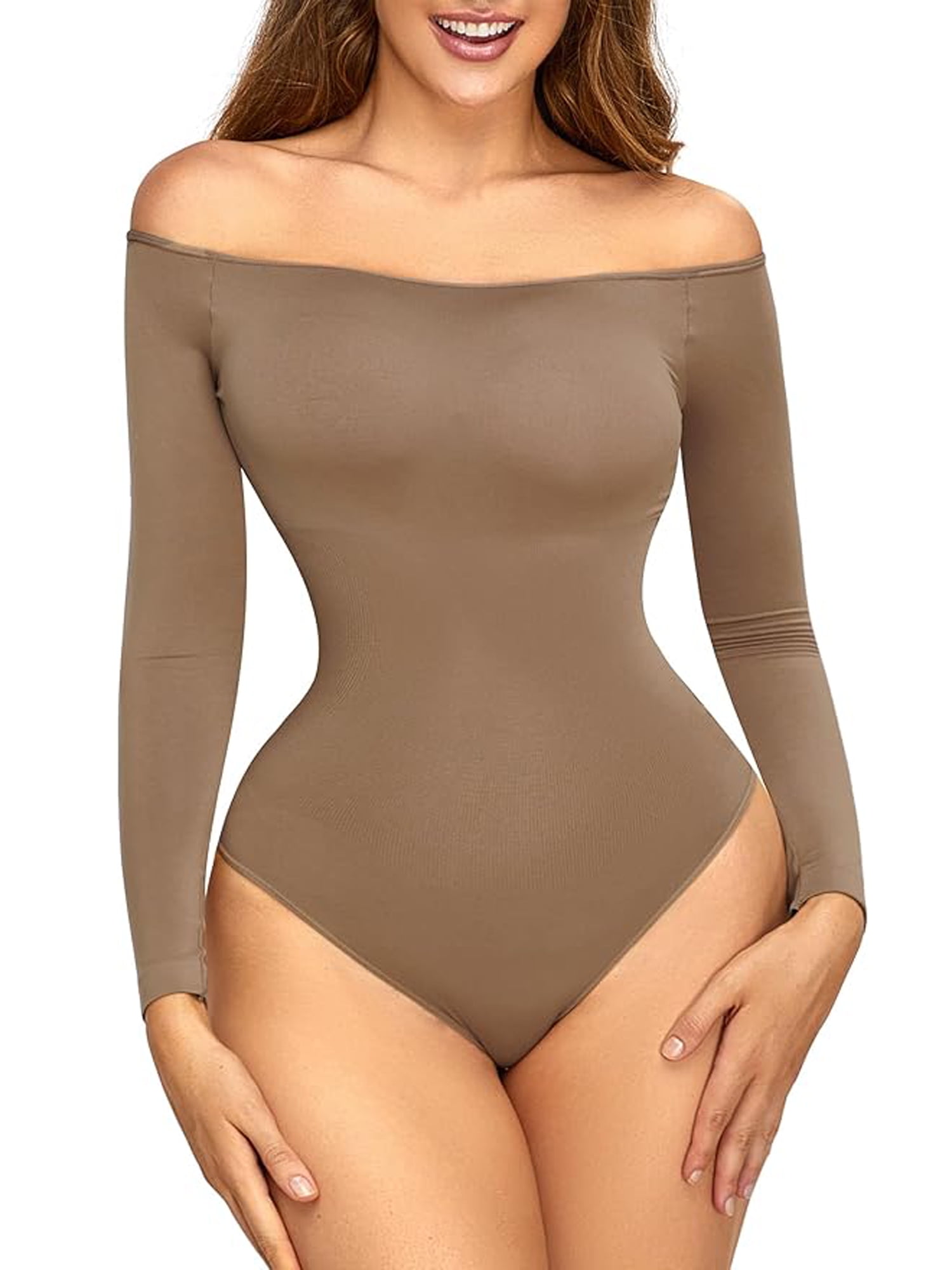 Seamless Long Sleeve Bodysuit for Women Tummy Control Shapewear Scoop Neck  Thong Jumpsuit Tops 