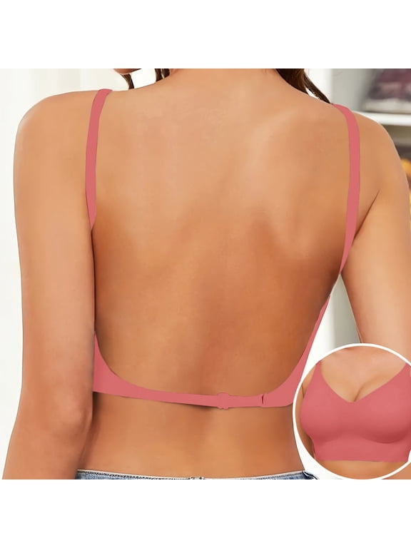 Seamless Low Back Bra Wireless Padded Bralette Thin Straps Comfort Halter Backless Multiway Convertible Bras Invisible Open Back Backless No Show Low Cut Bras Criss Cross Push Up Bra Watermelon red L