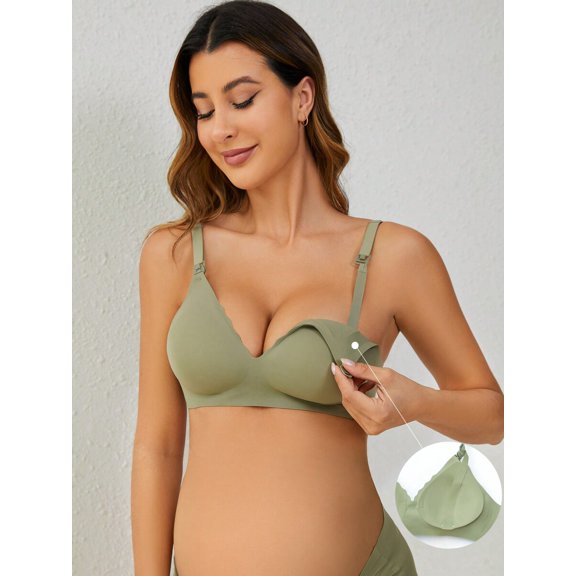 Seamless Maternity Nursing Bra In Olive Green, Jelly Style With Snap Closure And Adjustable Straps