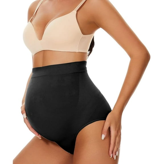 Seamless Maternity Shapewear, Belly Support Pregnancy Underwear for Dresses and Pants, High Waisted Briefs, Black, Small