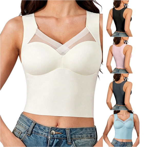 Seamless Mesh Tank Top Built In Pads Comfortable Casual Daily Basic Layering Breathable Lace Womens Athletic Tops Silk Top Apparel Bra A Compression Women Shorts and Top Women Bodysuit Tall Women