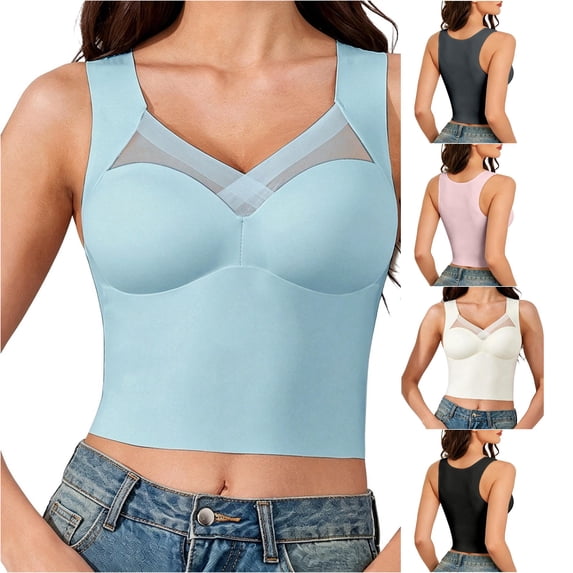 Seamless Mesh Tank Top Built In Pads Comfortable Casual Daily Basic Layering Breathable Lace Womens Athletic Tops Silk Top Apparel Bra A Compression Women Shorts and Top Women Bodysuit Tall Women