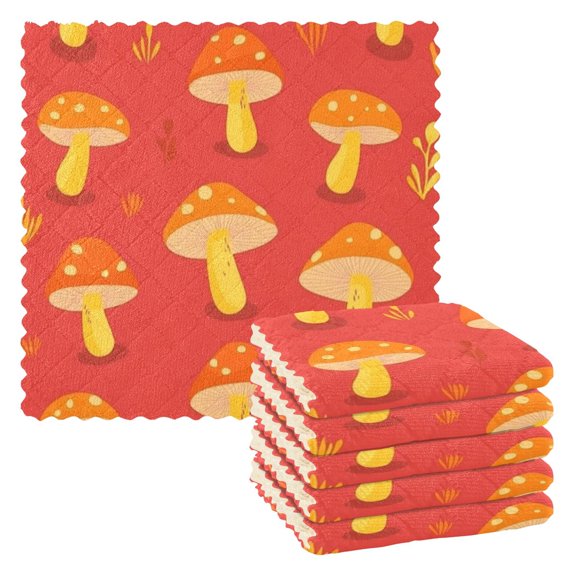 Seamless Mushroom Pattern Dish Towels 6 Pack Kitchen Cleaning Dish Cloths Absorbent Reuseable Cleaning Cloths 11'' x 11''