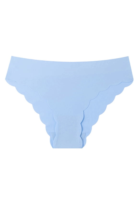 Seamless No Show Panties for Women, Low Rise Scalloped Edge Underwear - Soft Nylon Spandex, Blue,Size L