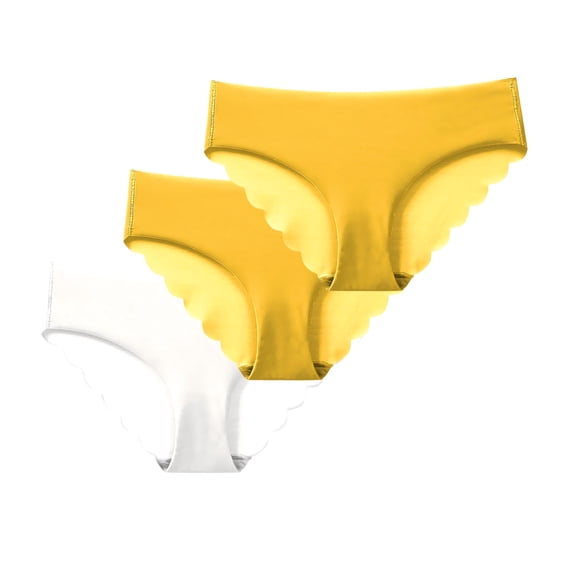 Bwndum Seamless Panties Womens 3 Pack Yellow, No Show Underwear Low Rise, Scalloped Edge Breathable Polyester S-XXL,Size M