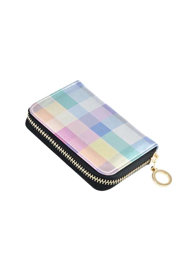 Seamless Pastel Plaid Pattern Women's Credit Card Holder PU Leather Zipper Wallet RFID Blocking
