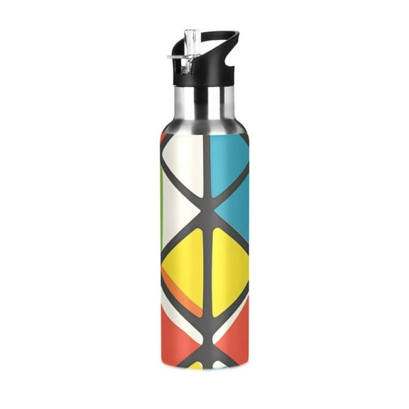 Seamless Pattern Of Cube Flat Sports Bottle with Straw Stainless Steel Water Jug Portable Thermal Cup Leak-proof 600ML