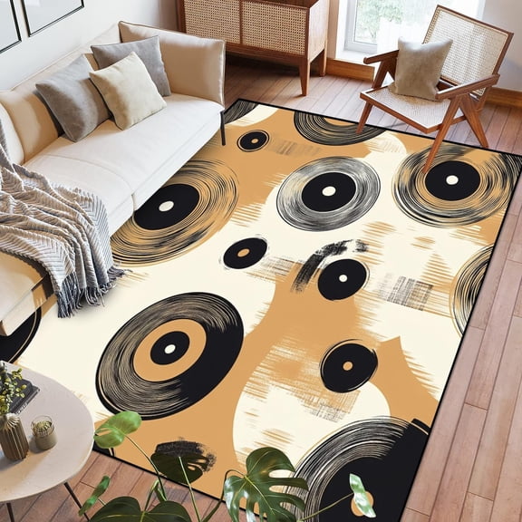Seamless Pattern Randomly Arranged Stylized Vinyl Records Light Brown Washable Large Rugs For Bedroom Kitchen Living Room Non Slip Outdoor Carpets Soft Mats For Home Playroom Decor 5x7ft