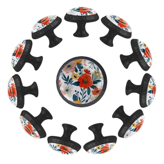 Seamless Pattern Summer Floral Pattern 35MM Round Glass Cabinet Knobs, Kitchen Knobs for Drawer Dresser Cupboard Wardrobe Modern Pulls Handles Hardware, Set of 12