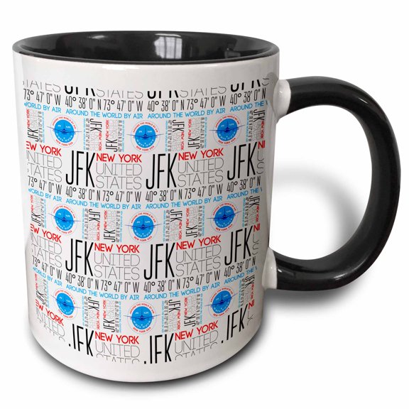 3drose, Seamless Pattern Travel by Air New York, Usa, Jfk, Blue Airliner, 11oz Two-tone Black Mug