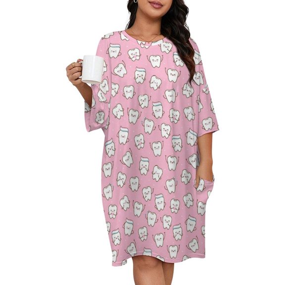 Seamless Pattern with Cute Teeth Sleepshirts For Sleeping Travels Loose Sleepdress Pajama Dress Soft Nightdress Sleepwear