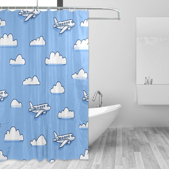Seamless Planes Clouds Cartoon Shower Curtains with 12 Hooks Waterproof Bathroom Decor 66" x 72"