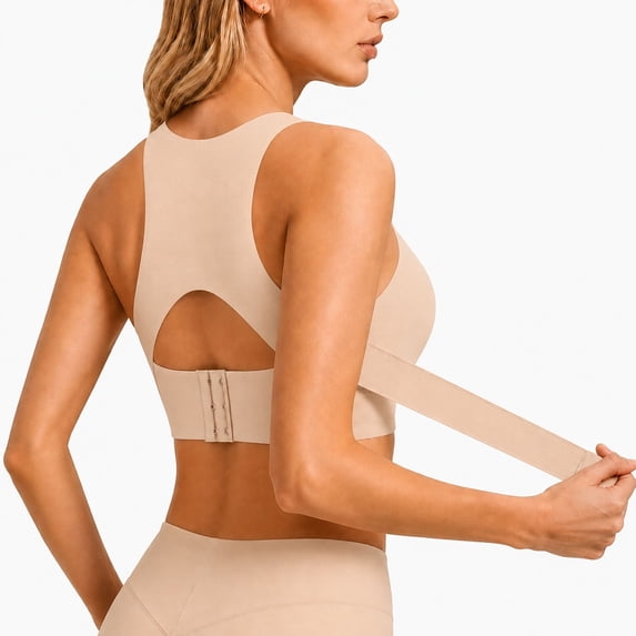 Seamless Posture Support Bras Front Closure Wireless Cross Back Bra Full Coverage Push Up Bralettes Correcting Support for Older Women Plus Size No Underwire Easy On,Light Yellow