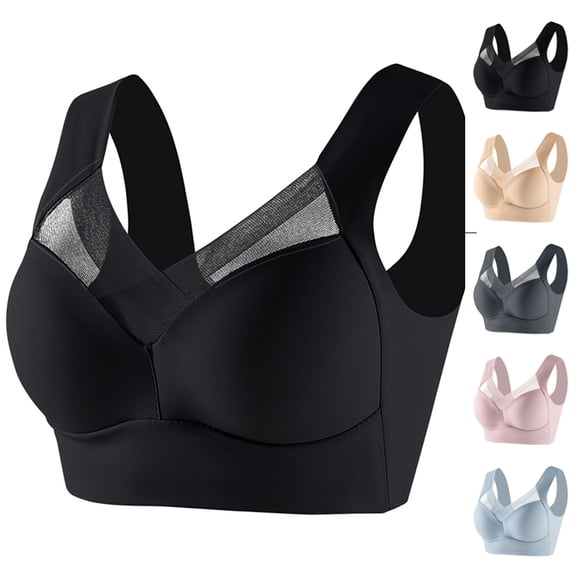 Seamless Powerful Push Up Wireless Bra Lift Full-Figure Posture Correcting Bra Ice Silk Anti Sagging Bra Black XXL