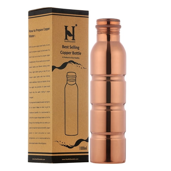 Seamless Pure Copper Water Bottle UNLINED, UNCOATED and LACQURE FREE for Ayurvedic Health Benefits, 1000 Ml (33.81 Fl Oz)