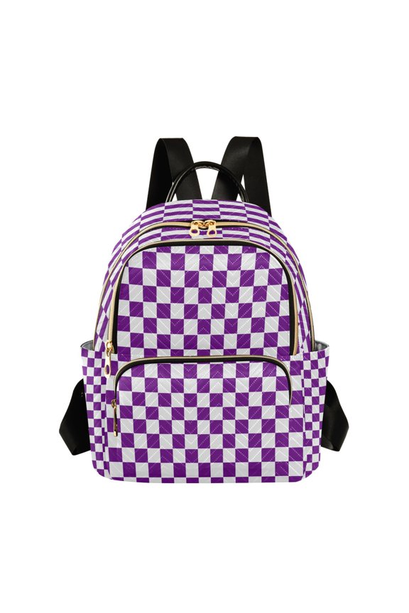 Seamless Purple and White Checkerboard Quilted Backpack Fashion Daypack Commuter Bag for Women 8.5 L