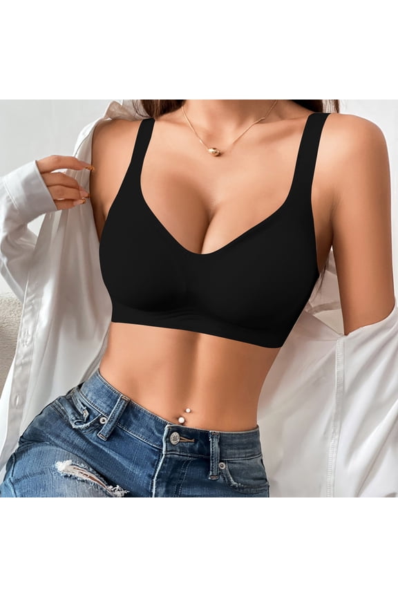 Seamless Push Up Bra for Women Plus Size Wireless Full Coverage Bra Solid Color No Underwire T-Shirt Bra Smooth Silhouette Comfort Fit Natural Lift Everyday Lingerie Soft Cup Top(Black L)