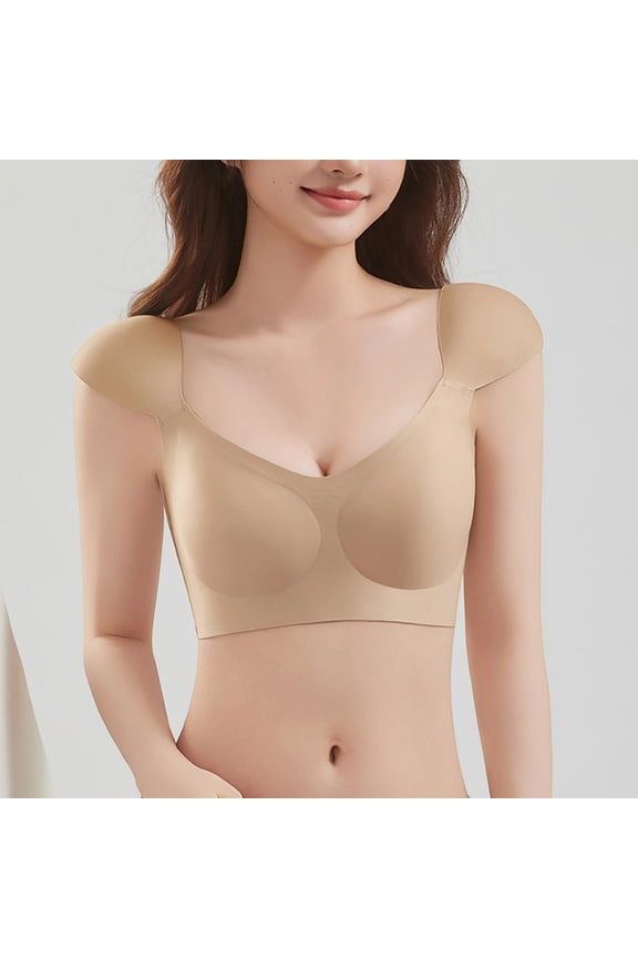 Seamless Push Up Bra Wireless T Shirt Support Comfortable Strapless Sagging Shoulder Pad, L, Beige