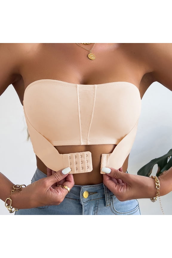Seamless Push Up Strapless Bra With Grip Comfortable Convertible Sticky Tapes For T Shirt Daily Wear, L, Beige