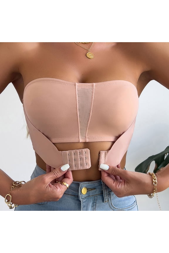 Seamless Push Up Strapless Bra With Grip Comfortable Convertible Sticky Tapes For T Shirt Daily Wear, XL, Pink