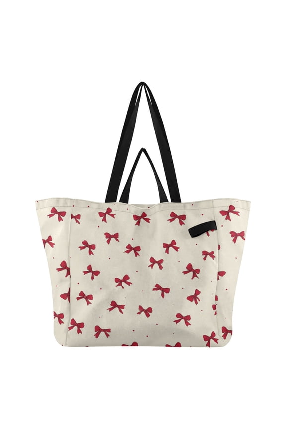 Seamless Red Bows Foldable Canvas Tote Bags Reusable Grocery Bags Laundry Bags Beach Bag 32L