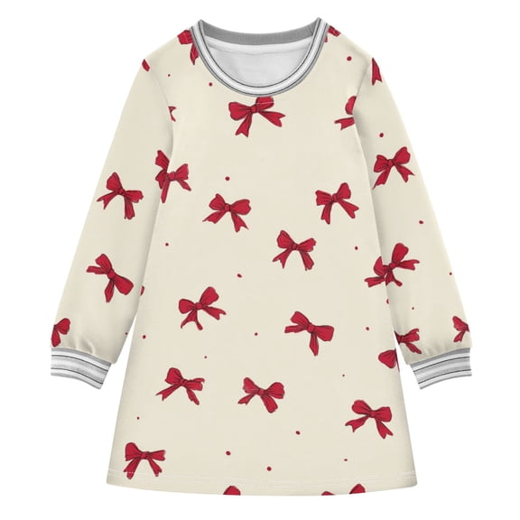 Seamless Red Bows Long-sleeved Dress A-line One-Piece Dress for 2-8 Years Casual Party 4T