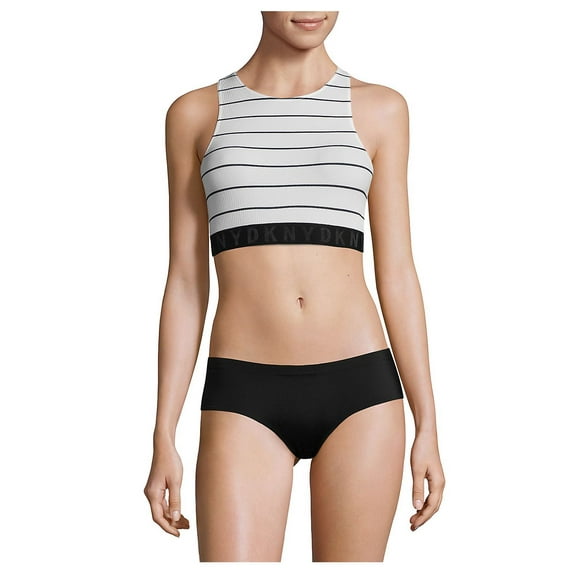 DKNY Women s Seamless Litewear High Neck Solid Crop Bra poplin Stripe Black Dark Large