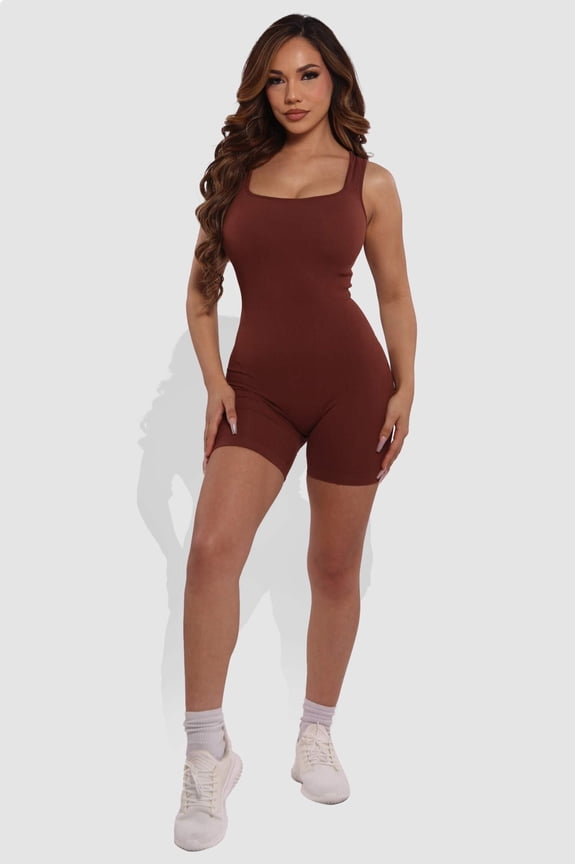 Seamless Rib Knit Romper Bodysuit - Chocolate Brown