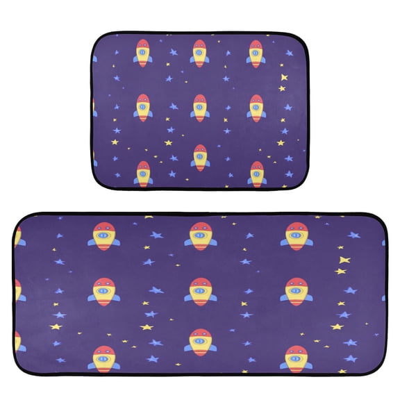 Seamless Rocket Pattern 2-Piece Kitchen Carpet Mat Set, Non-Slip Memory Foam, Soft for Kitchen and Living Room Use