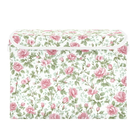 Seamless Roses Floral Pattern Foldable Storage Bin with Lid and Handle Collapsible Storage Box 16.5 x 12.6 x 11.8 inches