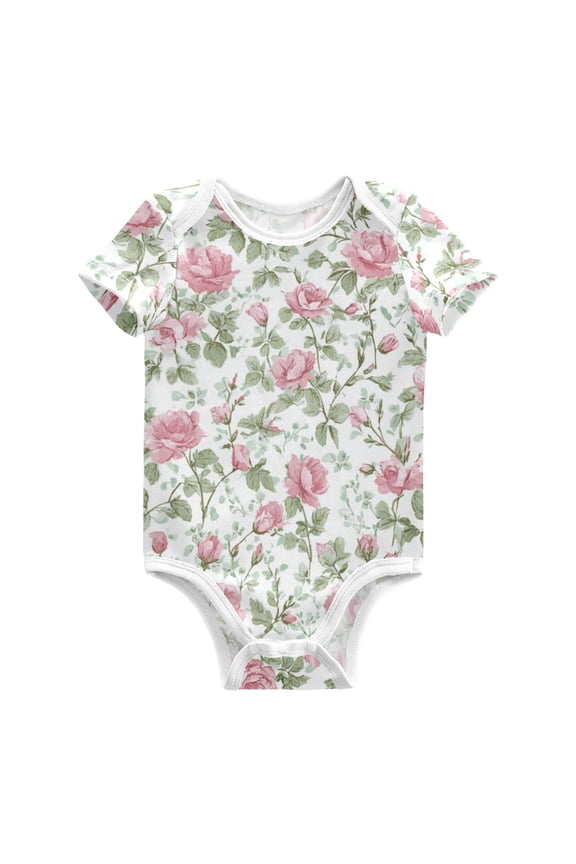 Seamless Roses Floral Pattern Pure Cotton Bodysuit Short Sleeve Pajamas One-Piece Romper Unisex 6M