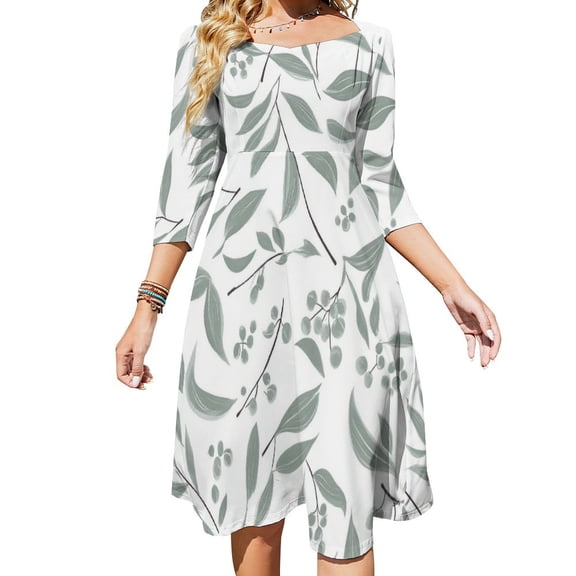 Seamless Sage Green Leaf Pattern Women's Fall Dresses Casual Loose Flowy Swing Shift Dress