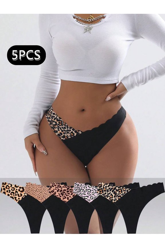Seamless Scallop Thong Panties 5-Pack Multicolor Leopard Print