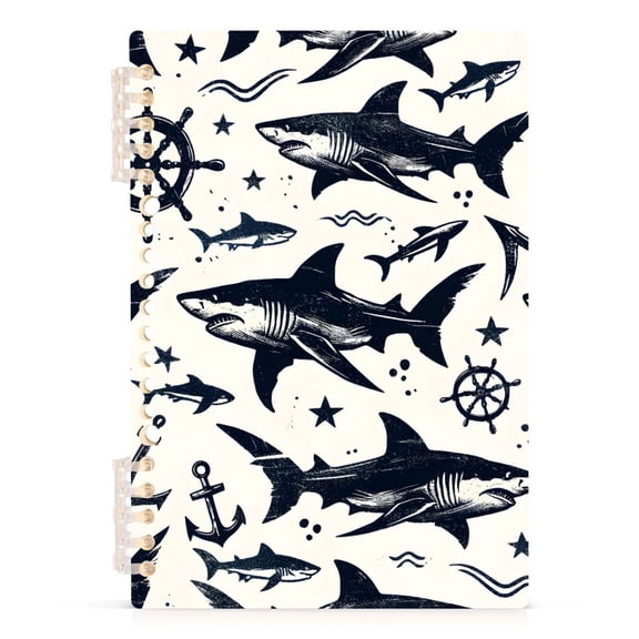 Seamless Sketch Shark Pattern Spiral Journal Notebook College Ruled Notebook 8.3" x 5.7" A5 Lined Thick Paper Page
