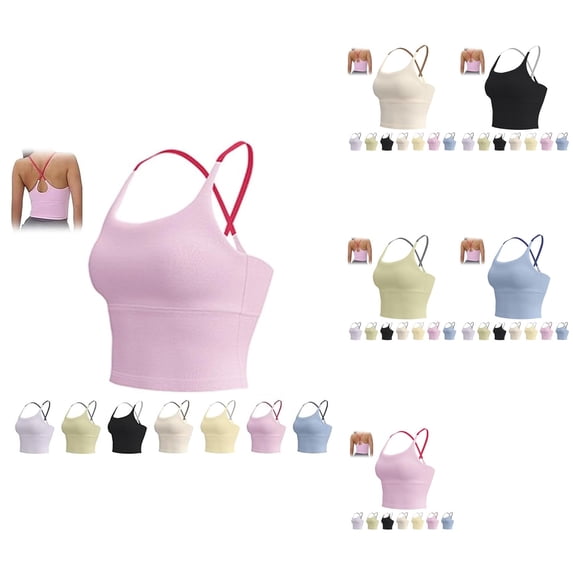 Seamless Soft High-Support Yoga Bra with Fixed Cups – Non-Padded Cropped Tank Top for Women, Athletic Spaghetti Strap Sports Camisole for Gym, Running & Workout
