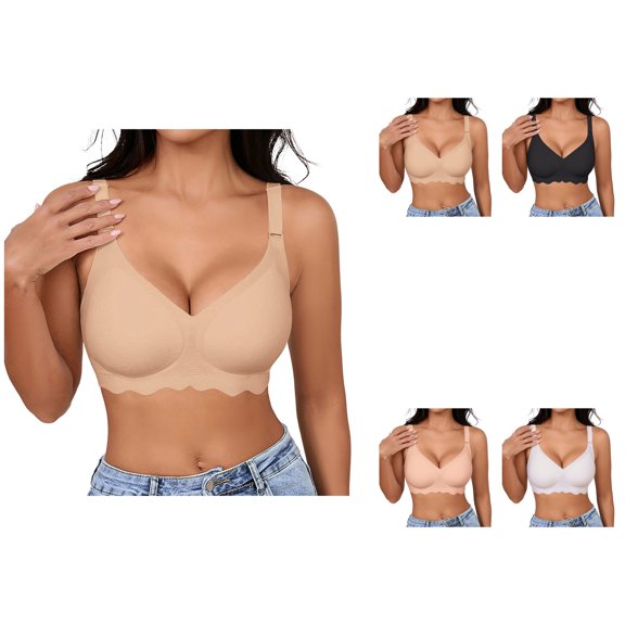 Seamless Soft Support Wireless Bralette with Lift, Back Smoothing & Full Coverage – Scalloped Racerback Everyday Comfort Push-Up Bra for Women
