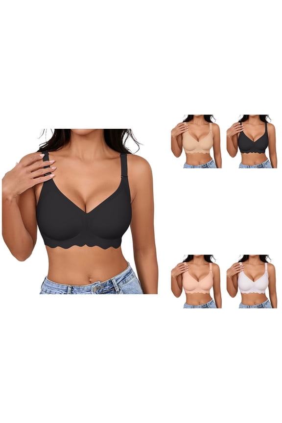 Seamless Soft Support Wireless Bralette with Lift, Back Smoothing & Full Coverage – Scalloped Racerback Everyday Comfort Push-Up Bra for Women