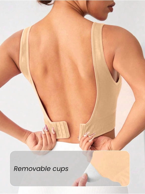 Seamless Sports Bra With Back Clasp Removable Cups Apricot