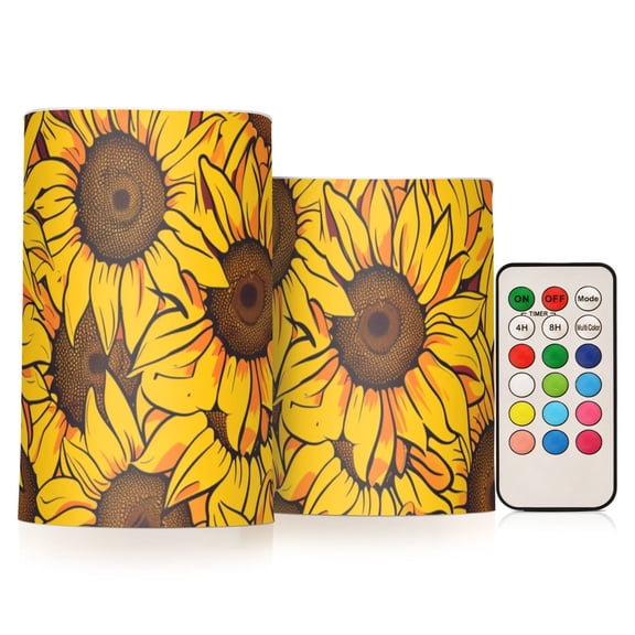 Seamless Sunflower Pattern Flickering Flameless Candles LED Tealight Battery Operated with Remote Set of 2 Holiday Decor Ornaments
