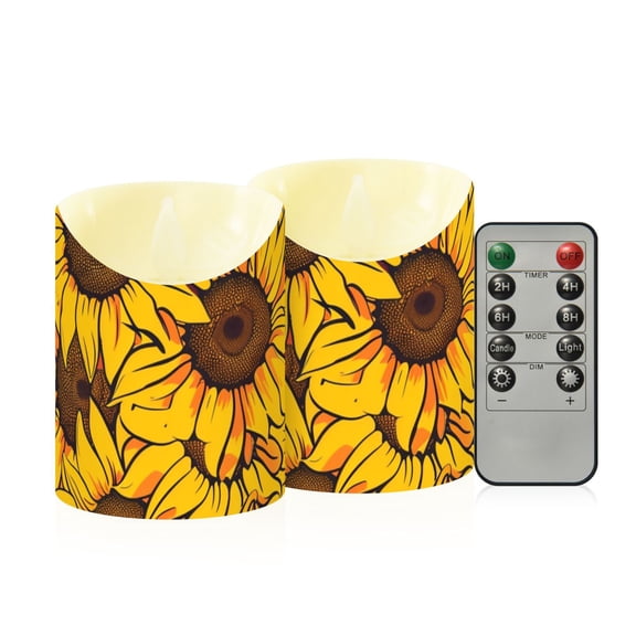 Seamless Sunflower Pattern Flickering Flameless Candles with Remote Timer Battery Operated LED Tealight Set of 2 M