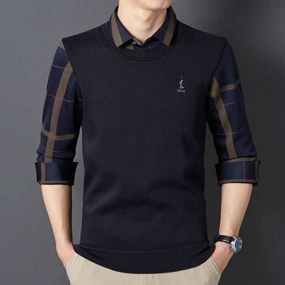 Seamless Tencel Fake Two Piece Warm Knitted Sweater-Fleece Thickened Pullover Sweater