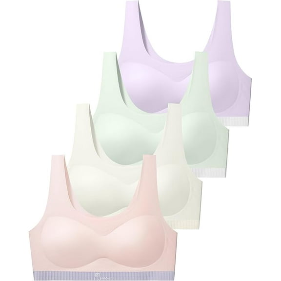 Seamless Training Bras W/ Lightweight Fixed Cups,Invisible Dig-Free Teen Bras for Girls 10-16 (4 Pack)