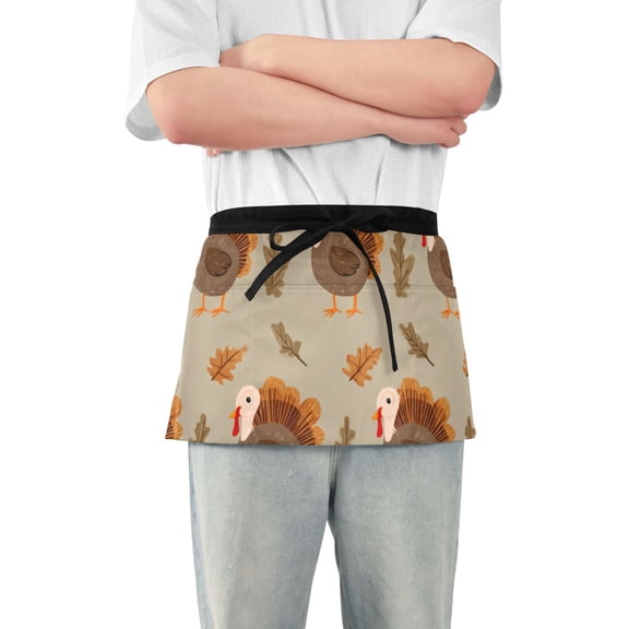 Seamless Turkey Leaves Pattern Autumn Thanksgiving Short Server Apron with 3 Pockets for Unisex Chef Gardening
