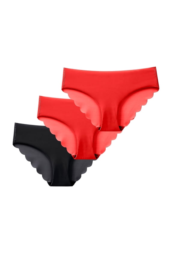 Seamless Underwear for Women 3/4/5 Pack No Show Hipster Scalloped Trim Bikini Low Rise Breathable Comfortable (XL, 2*Red|1*Black)