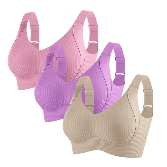 Seamless No Underwire Everyday Bras,Push Up Bralette Full Coverage Bras, Plus Size Breathable Bra for Everyday,3Pcs,Small to Plus Size Bralettes Sleep Bras(Pink+Purple+Coffee,26.77-29.13'')