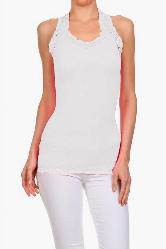 Seamless V-neck Camisole Racer Back Tank with Lace Trim, White