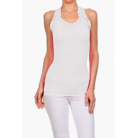Seamless V-neck Camisole Racer Back Tank with Lace Trim, White