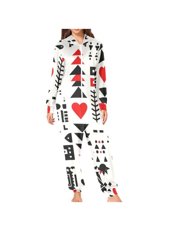 Seamless Vector with Heart Triangle Butterfly Pattern Adult's Hoodie Onesie Jumpsuit One-Piece Pajamas with Zipper Unisex for Holiday XL